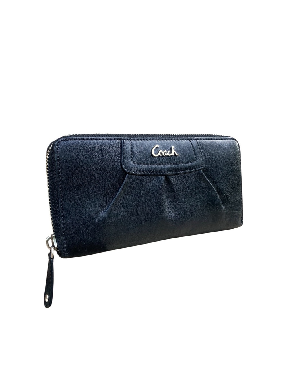 Coach Ashley Pleated Black Leather Zip Around Wallet Silver Logo Purple Lining